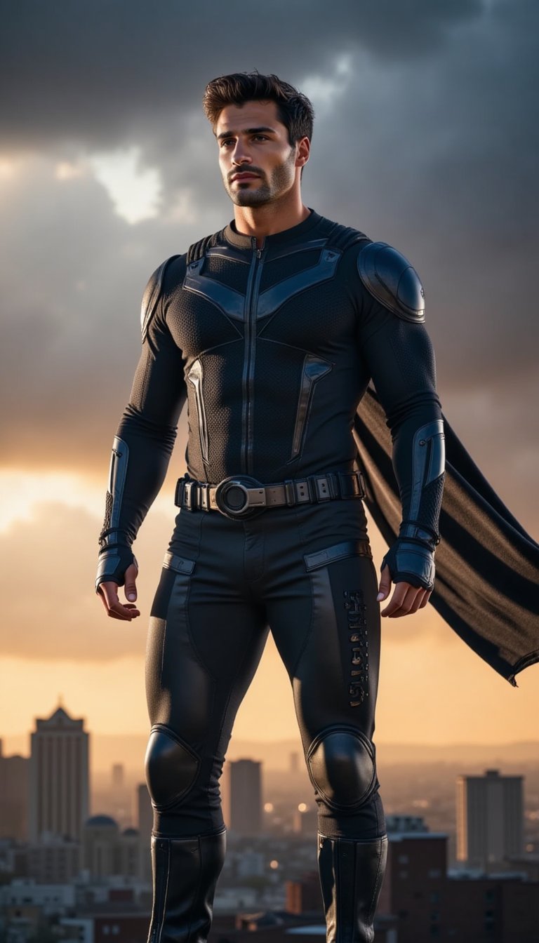 A next-gen superhero stands tall against a stormy skyline, cape fluttering slightly in the wind, jaw set with resolve. Their outfit is minimal yet high-concept, blending armor with utility. The shot is wide-angled and dramatic, evoking Marvel-style poster imagery.
