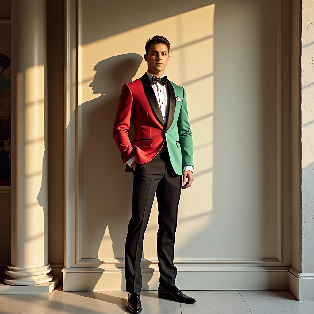 Man in bold tuxedo, luxurious home, soft sidelight.