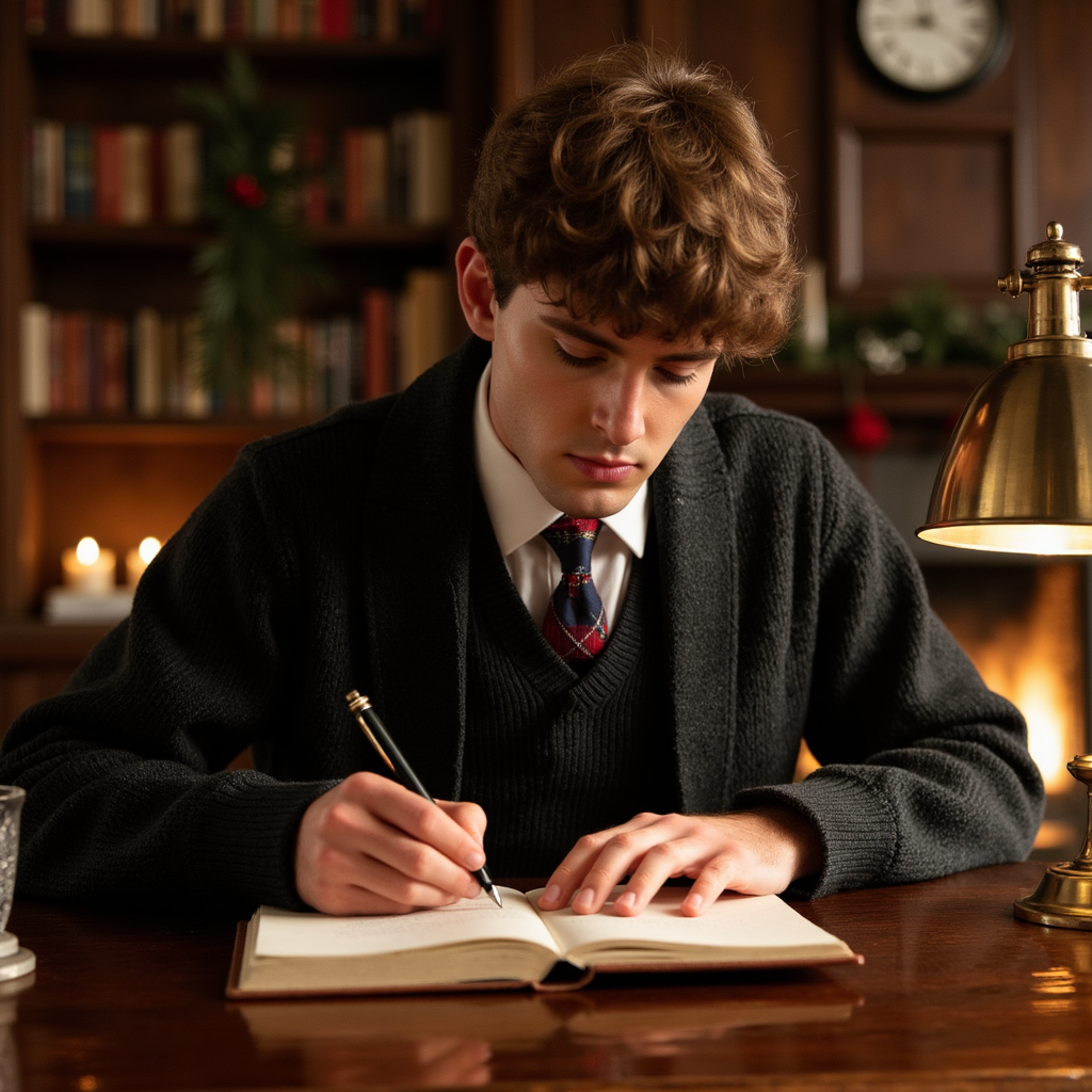 Man at a vintage mahogany desk writing in a leather-bound notebook, soft lamplig