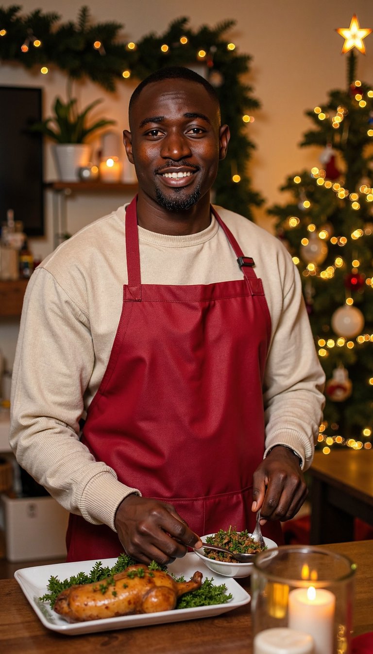 photo of a man preparing a Christmas dinner at a wooden kitchen table, plating a roasted dish with herbs, wearing a red apron over a cream shirt, soft string lights and garland in the background, candles and small ornaments on the table, expression calm and focused with a hint of a smile, warm golden lighting like a cozy evening, slight lens flare from candles, shallow depth of field with background family silhouettes softly blurred, cinematic 50mm lens, highly detailed, highly realistic, HDR, holiday atmosphere