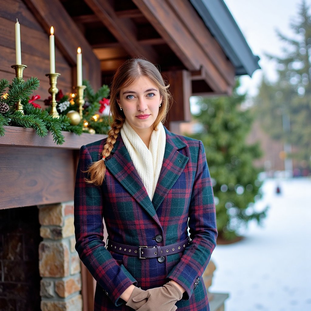 Woman standing on a snow-covered path lined with evergreens, soft overcast sky. Hairstyle: loose braid falling over shoulder, gentle wisps framing face. Attire: wool plaid wrap coat belted at waist, cream knit scarf, suede gloves. Fabric details: plaid pattern visible with soft wool grain, scarf texture defined, suede nap visible. Camera: eye-level, 50mm, f/2.2. Lighting: natural diffused daylight, cool tones with soft shadow. Background: blurred snowy trees and rustic lodge roof, minimal clutter. Pose: facing camera, slight smile, serene demeanor. Render: highly detailed, highly realistic, HDR; visible breath in cold air, snow crystals on fabric.