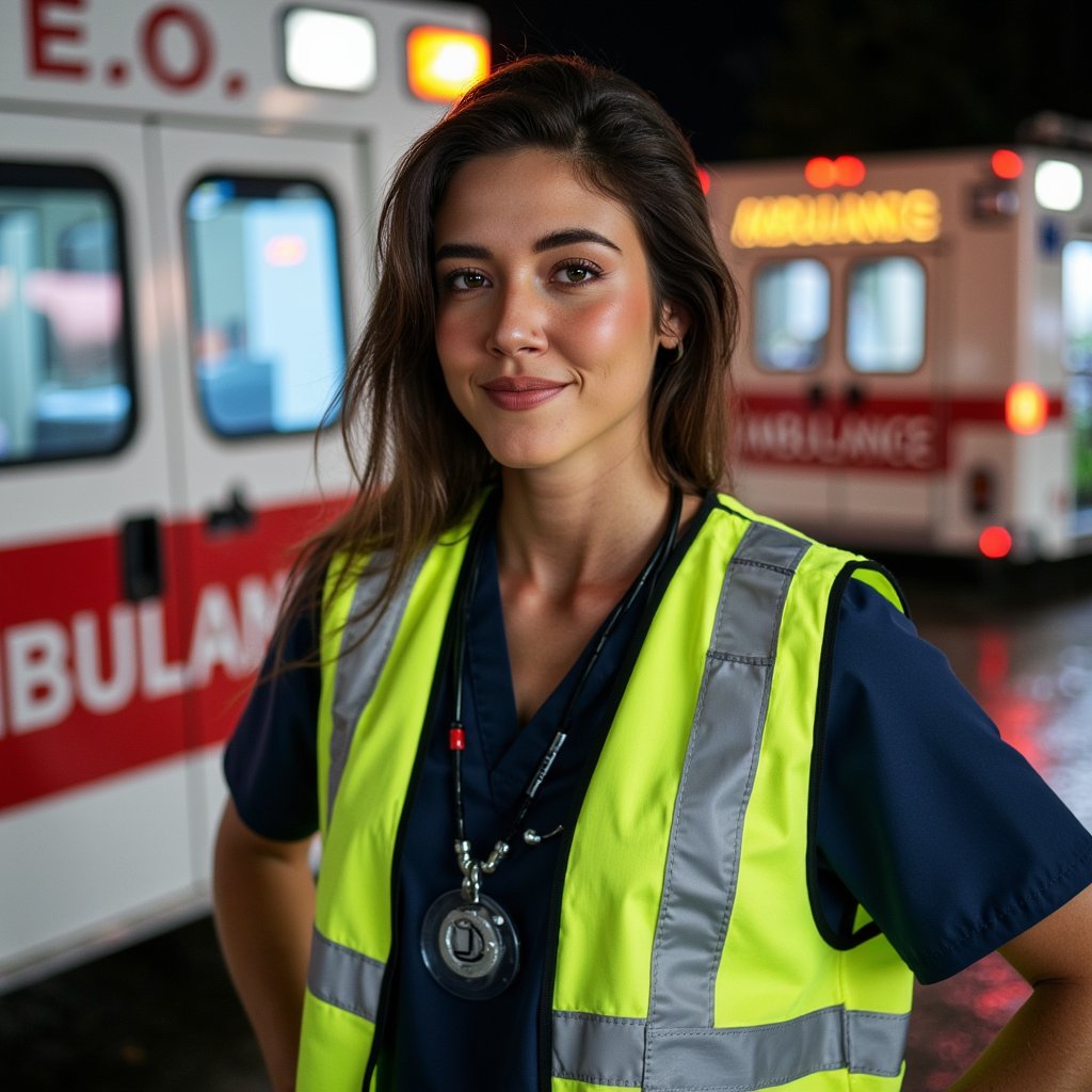 Highly detailed, highly realistic, HDR, 8k ER physician at ambulance bay at night; camera: 35mm, f/2.8, slight low angle; lighting: portable LED panel key + sodium-vapor rim; pose: hands on hips; attire: navy scrub set, high-visibility vest, ID badge; hair: short fade; facial detail: five-o’clock shadow with individual hair detail, visible skin texture under cool light, faint perspiration on upper lip, subtle vein pattern on temple, slightly narrowed eyes from wind; background: blurred ambulance lights bokeh, wet ground reflections.