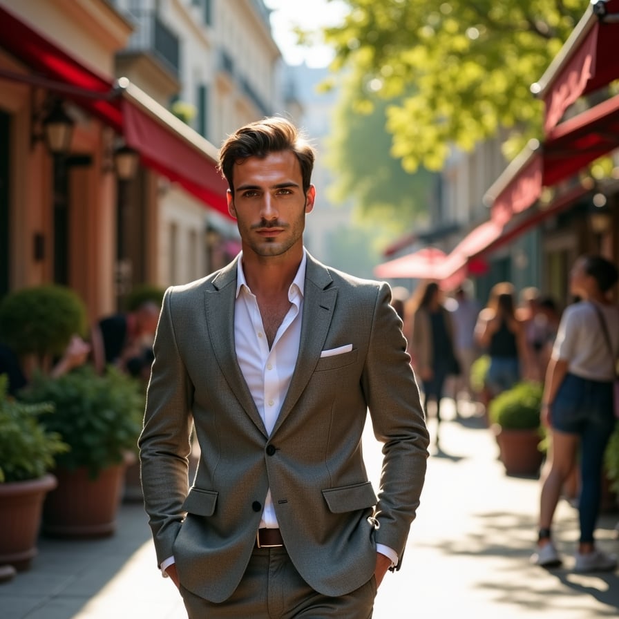man in stylish, modern attire, wearing a fitted blazer and slim-fit trousers, walking down a charming Parisian street lined with historic buildings, quaint cafes, and ornate lampposts, surrounded by lush greenery and vibrant street performers, under the soft, warm glow of afternoon sunlight filtering through the leafy trees.