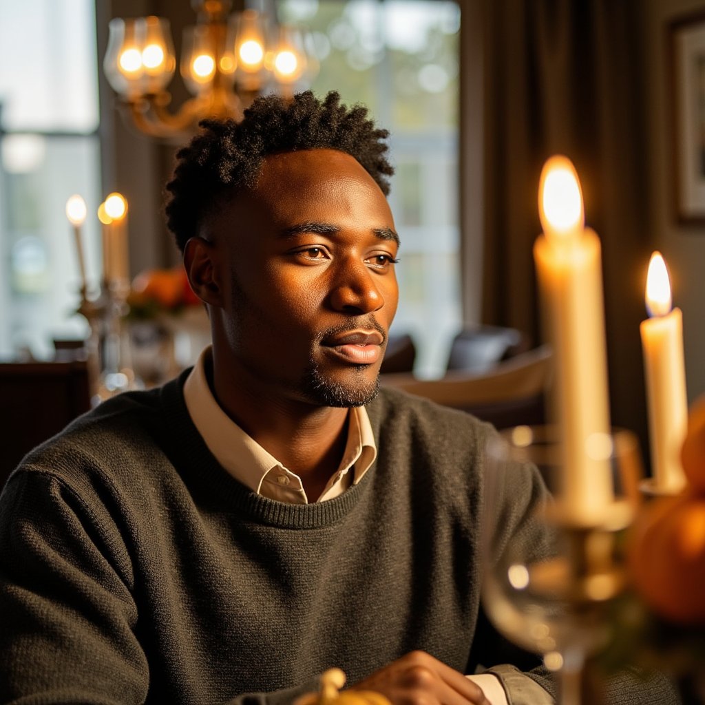 Hyperrealistic, highly detailed HDR image of a man (male, ~37 yrs) captured waist-up at a dinner table, side-lit by several tall candles on the right. He wears a textured charcoal knit sweater layered over a light beige shirt, collar slightly visible. His hair is neatly styled, faint stubble visible. The soft golden light contours his face, creating contrast between illuminated and shadowed sides. Background softly blurred: bokeh of a chandelier, faint reflections from glassware. His expression is thoughtful and content. Fine fabric fibers, skin pores, and reflections on crystal surfaces visible. Warm cinematic Thanksgiving atmosphere. HDR, high resolution, high quality, highly detailed, photorealistic.