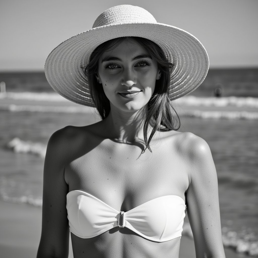 Adult woman — monochrome beachfront close-up portrait (black & white); attire: classic bandeau bikini (matte white) with a wide-brim raffia sunhat; hair: loose waves tucked behind one ear; pose: shoulders angled 20°, eyes to camera with soft smile; camera: 105mm macro used as portrait, f/3.5, ISO 100, 1/1250s; lighting: late-afternoon side light for crisp micro-contrast, white bounce for fill; background: blurred surf line and sky gradient, minimal elements; details: fine weave of hat brim sharply resolved, subtle fabric grain of bandeau, defined yet natural skin texture—no plasticity; style: highly realistic, highly detailed, HDR tonality in B&W, timeless fashion.