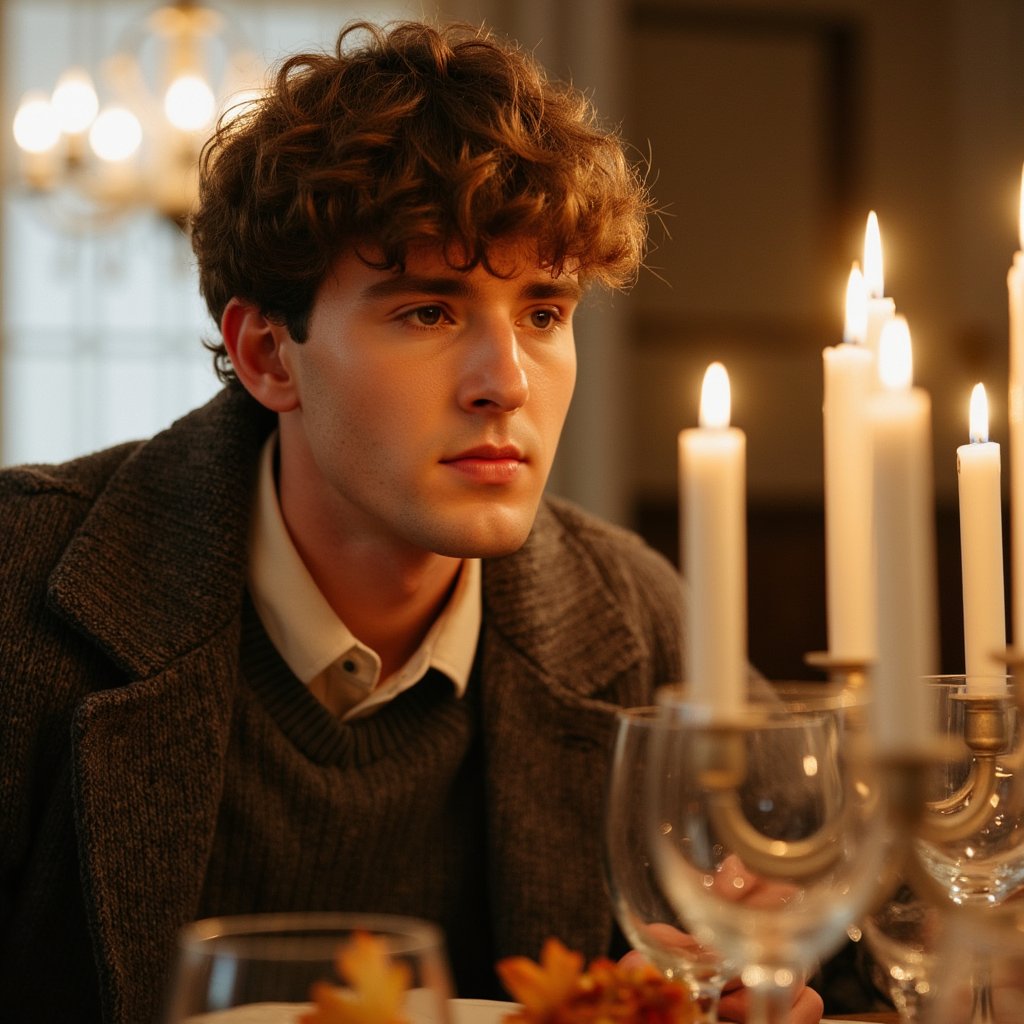 Hyperrealistic, highly detailed HDR image of a man (male, ~37 yrs) captured waist-up at a dinner table, side-lit by several tall candles on the right. He wears a textured charcoal knit sweater layered over a light beige shirt, collar slightly visible. His hair is neatly styled, faint stubble visible. The soft golden light contours his face, creating contrast between illuminated and shadowed sides. Background softly blurred: bokeh of a chandelier, faint reflections from glassware. His expression is thoughtful and content. Fine fabric fibers, skin pores, and reflections on crystal surfaces visible. Warm cinematic Thanksgiving atmosphere. HDR, high resolution, high quality, highly detailed, photorealistic.