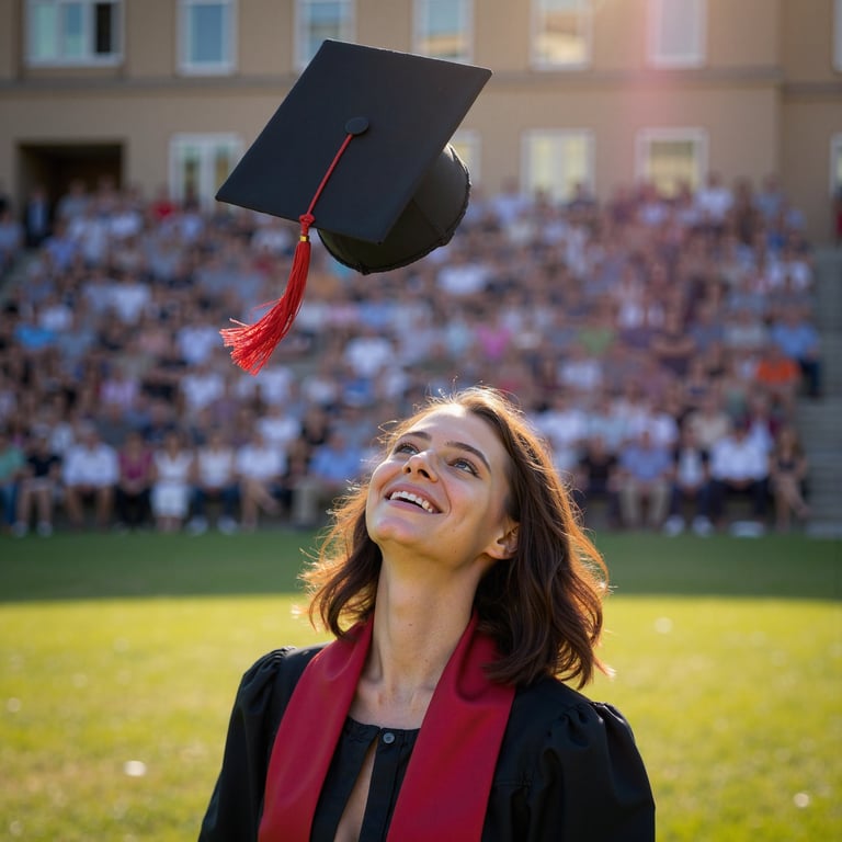 Waist-up image of a woman graduate gazing up toward a graduation cap suspended m