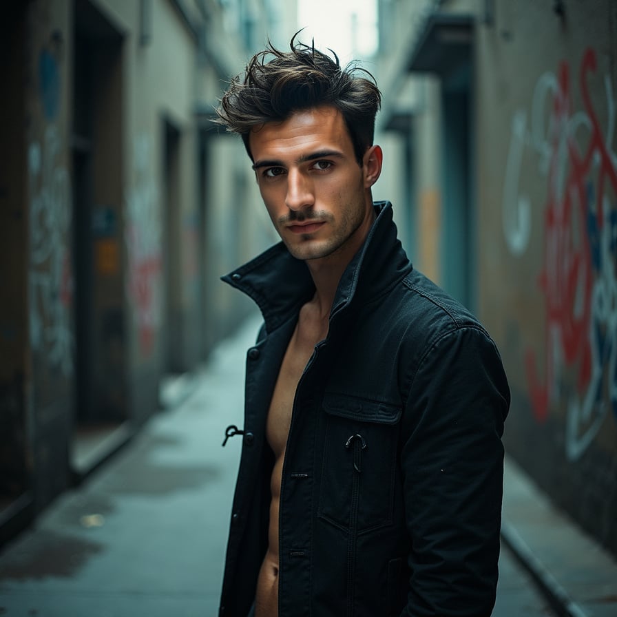 man with a strong artistic vibe. He is styled in dark, textured clothing, with dramatic lighting creating shadows and depth. The background is moody and urban, showcasing an air of mystery and creativity