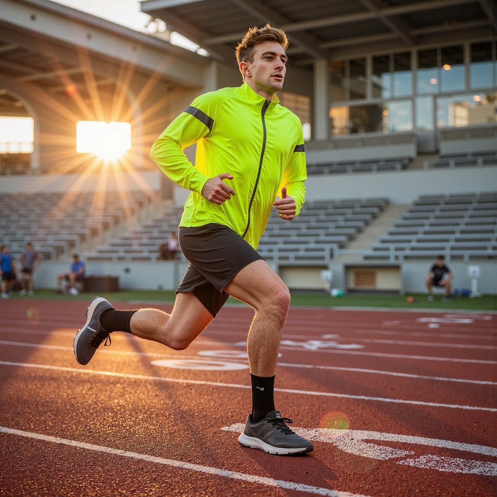 Man sprinting on a red tartan track at sunrise, breath visible in cool air; short fade haircut, slight stubble, intense forward focus; neon windbreaker half-unzipped over a compression tee, running tights layered with lightweight split shorts, knit mesh running shoes; dynamic panning shot at hip height to emphasize speed, 50mm, f/2.8, 1/60, ISO 200 with controlled subject sharpness and motion-blurred background; golden hour backlight with warm rim on shoulders and cool ambient fill from the sky; stadium bleachers and lane numbers softly blurred, minimal clutter; fabric wrinkles and reflective piping on windbreaker clearly rendered; highly detailed, highly realistic, HDR