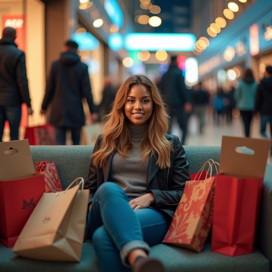 A person sitting on a couch, surrounded by shopping bags and boxes, with a satisfied expression