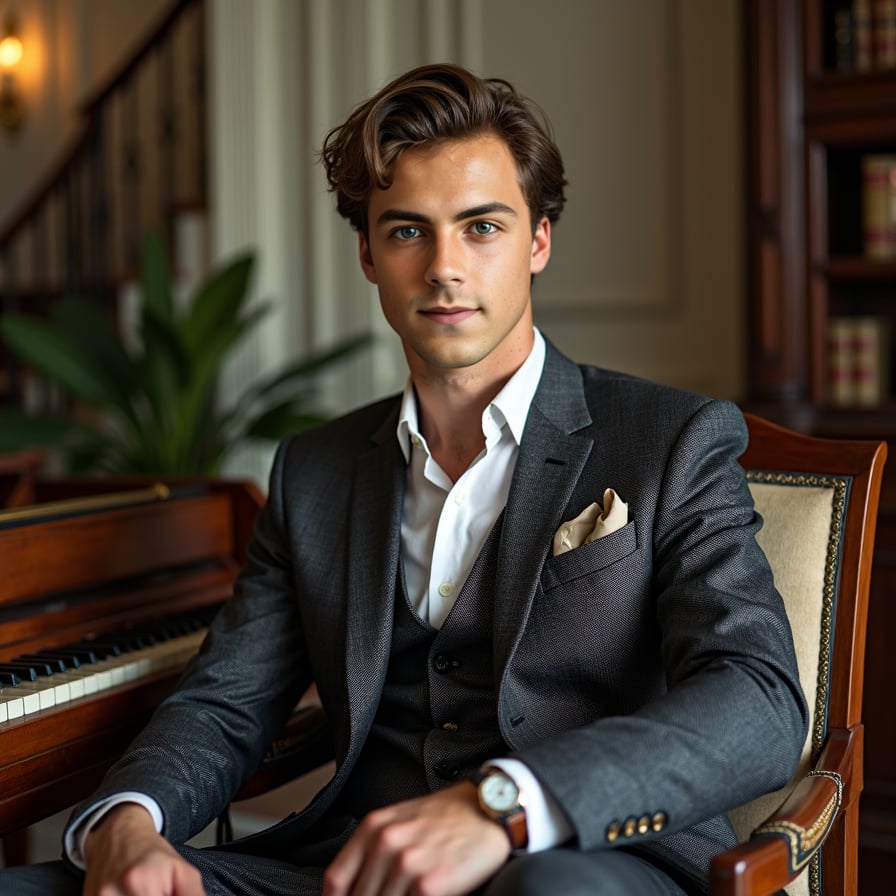 man with an aristocratic vibe. He is posed against a backdrop of a grand staircase or a lush, private estate. He is dressed in semi-formal attire, such as a blazer with an open-collared shirt, and his expression is calm and confident. The lighting should highlight his features and convey understated opulence
