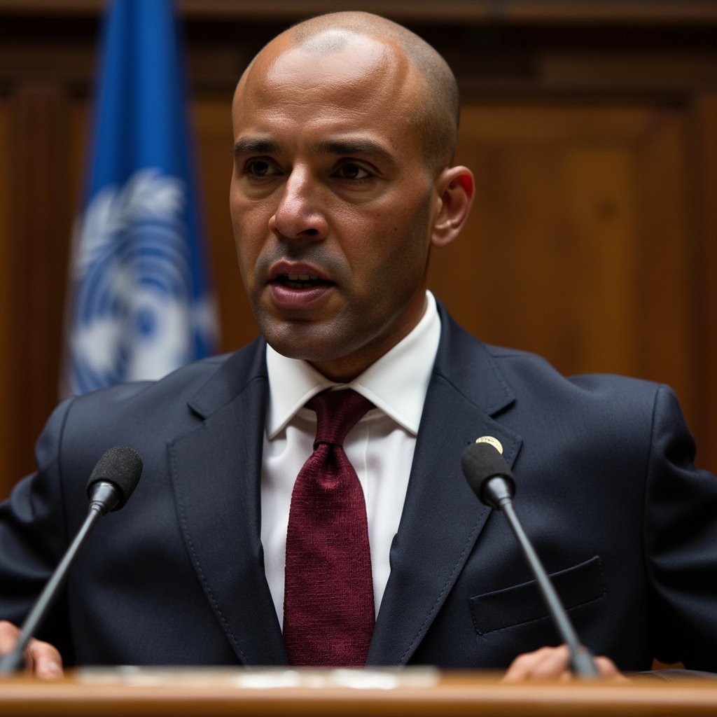 Medium shot, 50 mm f/2.0. Man in early 50s, dark skin, closely shaved head. Dark navy suit, white shirt, UN pin on lapel. Speaking into microphones with serious expression. Lighting: bright stage lights. Background: blurred UN emblem.