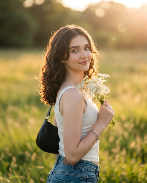 Ultra realistic golden hour meadow portrait of [REFERENCE PERSON], preserve the exact facial identity, bone structure, skin texture, hairstyle, eye details, lips, facial proportions, and overall likeness from the reference image with extremely high identity fidelity.

Scene composition should remain nearly identical to the original image: a beautiful woman standing in a sunlit grassy meadow during warm golden hour sunset, soft cinematic sunlight coming from behind, dreamy lens flare, glowing rim light around the hair, shallow depth of field, creamy green blurred forest background, natural outdoor atmosphere.

Pose and framing: medium-full portrait shot, body turned slightly away from camera while looking back over the shoulder directly toward camera, elegant relaxed expression, holding a large white flower gently near the face.

Hair: long deep auburn/red hair with soft waves, glossy realistic strands illuminated by sunset light.

Outfit: flowing white pleated backless dress with thin straps and open-back design, soft elegant fabric movement, realistic folds and texture.

Photography style: ultra photorealistic DSLR portrait, 85mm lens, f/1.8 aperture, cinematic bokeh, editorial fashion photography, natural skin details, realistic anatomy, HDR lighting, warm cinematic grading, luxury lifestyle aesthetic.

Important: replace ONLY the woman’s identity with the exact reference person while preserving the same background style, lighting, pose, framing, dress aesthetic, mood, and overall composition from the original image.

Negative prompt: low quality, cartoon, CGI look, distorted face, inaccurate identity, extra fingers, bad hands, asymmetrical eyes, unrealistic skin, blurry details, deformed anatomy, duplicate features, overprocessed skin, artificial lighting, unnatural expression, watermark, text, artifacts.

Priority settings:

Identity accuracy: maximum
Background consistency: maximum
Photorealism: maximum
Natural lighting realism: maximum