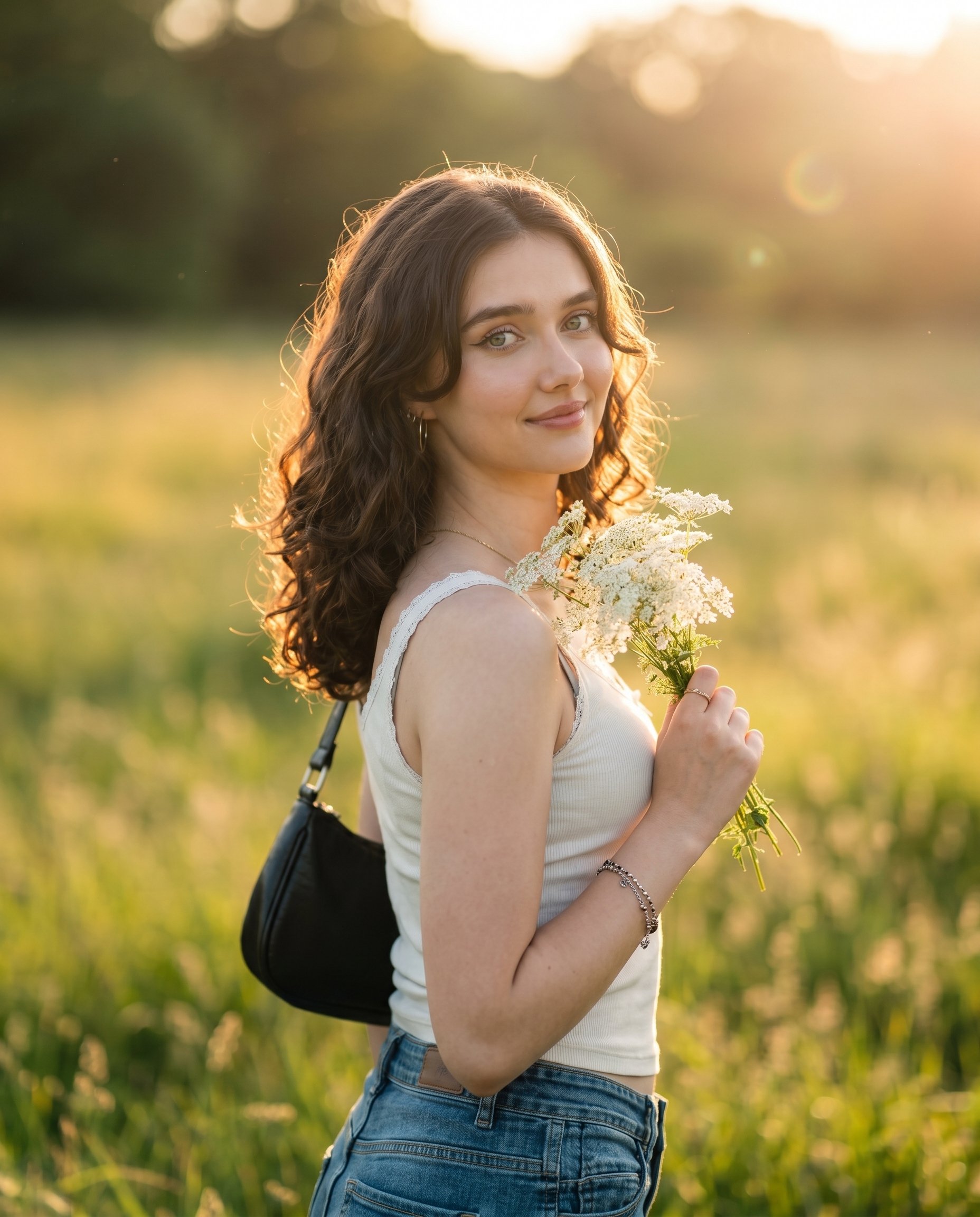 Ultra realistic golden hour meadow portrait of [REFERENCE PERSON], preserve the exact facial identity, bone structure, skin texture, hairstyle, eye details, lips, facial proportions, and overall likeness from the reference image with extremely high identity fidelity.

Scene composition should remain nearly identical to the original image: a beautiful woman standing in a sunlit grassy meadow during warm golden hour sunset, soft cinematic sunlight coming from behind, dreamy lens flare, glowing rim light around the hair, shallow depth of field, creamy green blurred forest background, natural outdoor atmosphere.

Pose and framing: medium-full portrait shot, body turned slightly away from camera while looking back over the shoulder directly toward camera, elegant relaxed expression, holding a large white flower gently near the face.

Hair: long deep auburn/red hair with soft waves, glossy realistic strands illuminated by sunset light.

Outfit: flowing white pleated backless dress with thin straps and open-back design, soft elegant fabric movement, realistic folds and texture.

Photography style: ultra photorealistic DSLR portrait, 85mm lens, f/1.8 aperture, cinematic bokeh, editorial fashion photography, natural skin details, realistic anatomy, HDR lighting, warm cinematic grading, luxury lifestyle aesthetic.

Important: replace ONLY the woman’s identity with the exact reference person while preserving the same background style, lighting, pose, framing, dress aesthetic, mood, and overall composition from the original image.

Negative prompt: low quality, cartoon, CGI look, distorted face, inaccurate identity, extra fingers, bad hands, asymmetrical eyes, unrealistic skin, blurry details, deformed anatomy, duplicate features, overprocessed skin, artificial lighting, unnatural expression, watermark, text, artifacts.

Priority settings:

Identity accuracy: maximum
Background consistency: maximum
Photorealism: maximum
Natural lighting realism: maximum