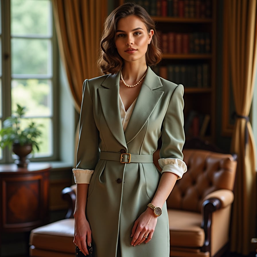 woman styled in a vintage-inspired outfit, such as a tailored dress or blouse with pearls. Her hair is neatly styled in soft waves or an updo. The background is a serene estate garden or an opulent, softly lit parlor. Her pose is poised and graceful, reflecting timeless charm
