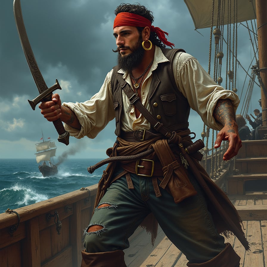 man in rugged pirate attire, wielding a sword with intensity, standing on the deck of a pirate ship amidst a chaotic battle scene, with cannons and rigging in the background, under a dark and stormy sky