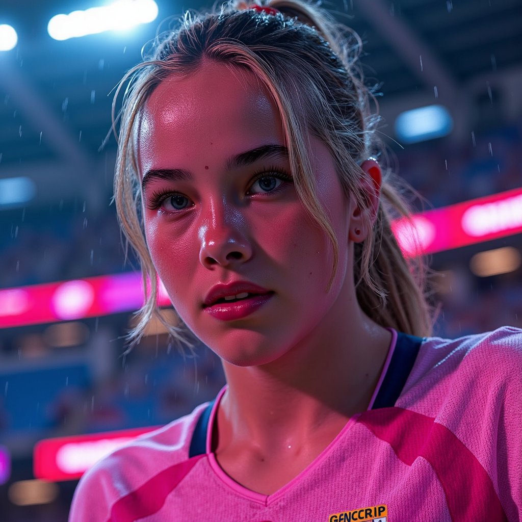 Close-up headshot of a player under neon-lit rain with water droplets on face, motion blur in background, hyper-detailed rendering — EA SPORTS FC next-gen look