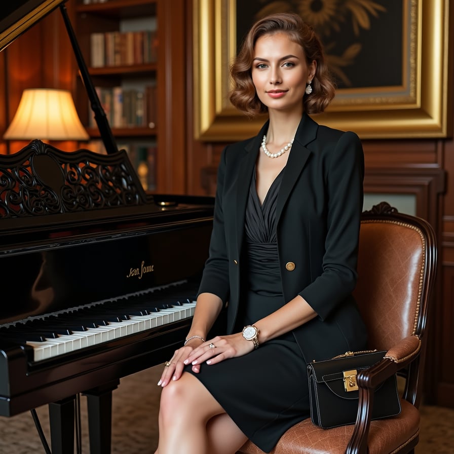 woman seated at a grand piano or near a gilded mirror. She is styled in a 1920s or 1940s-inspired dress, with her hair in soft curls or a classic updo. The atmosphere should be luxurious, with soft, warm lighting accentuating the scene's sophistication