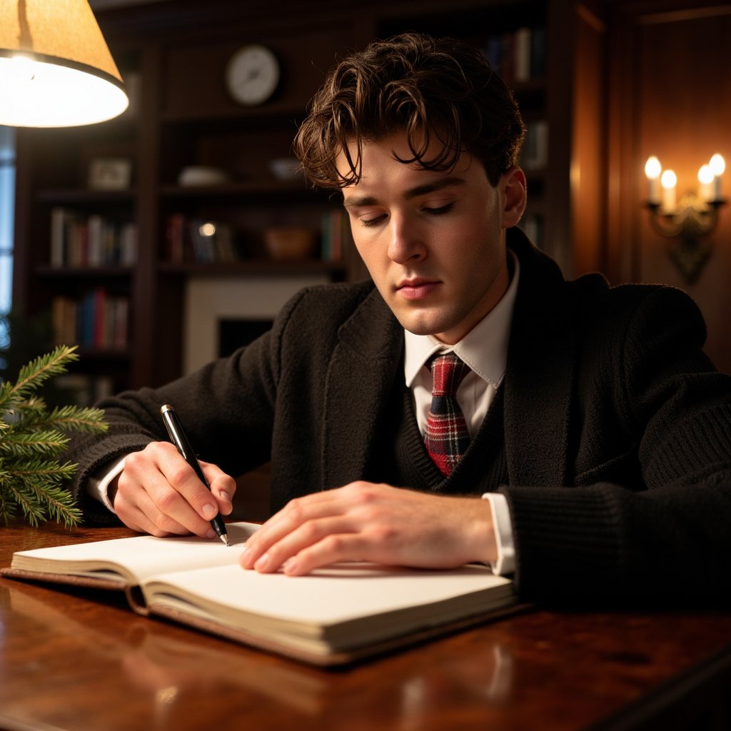 Man at a vintage mahogany desk writing in a leather-bound notebook, soft lamplight on his face. Hairstyle: side-part, slightly undone; faint stubble. Attire: thick wool cardigan over white oxford shirt, plaid tie loosened. Fabric details: wool knit definition, cotton creases, polished leather edge of notebook. Camera: side angle, 70mm, f/2.2. Lighting: single warm brass lamp key, shadows cast across hands and pages. Background: blurred bookshelves, clock, faint holiday garland—balanced composition. Pose: leaned forward, focused expression.
Render: highly detailed, highly realistic, HDR; light reflecting on ink pen, paper grain visible, lifelike ambiance.