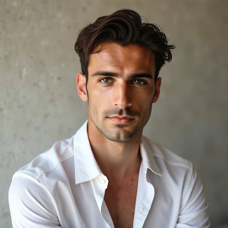man in timeless attire, such as a crisp white shirt or a blazer. He is posed aga