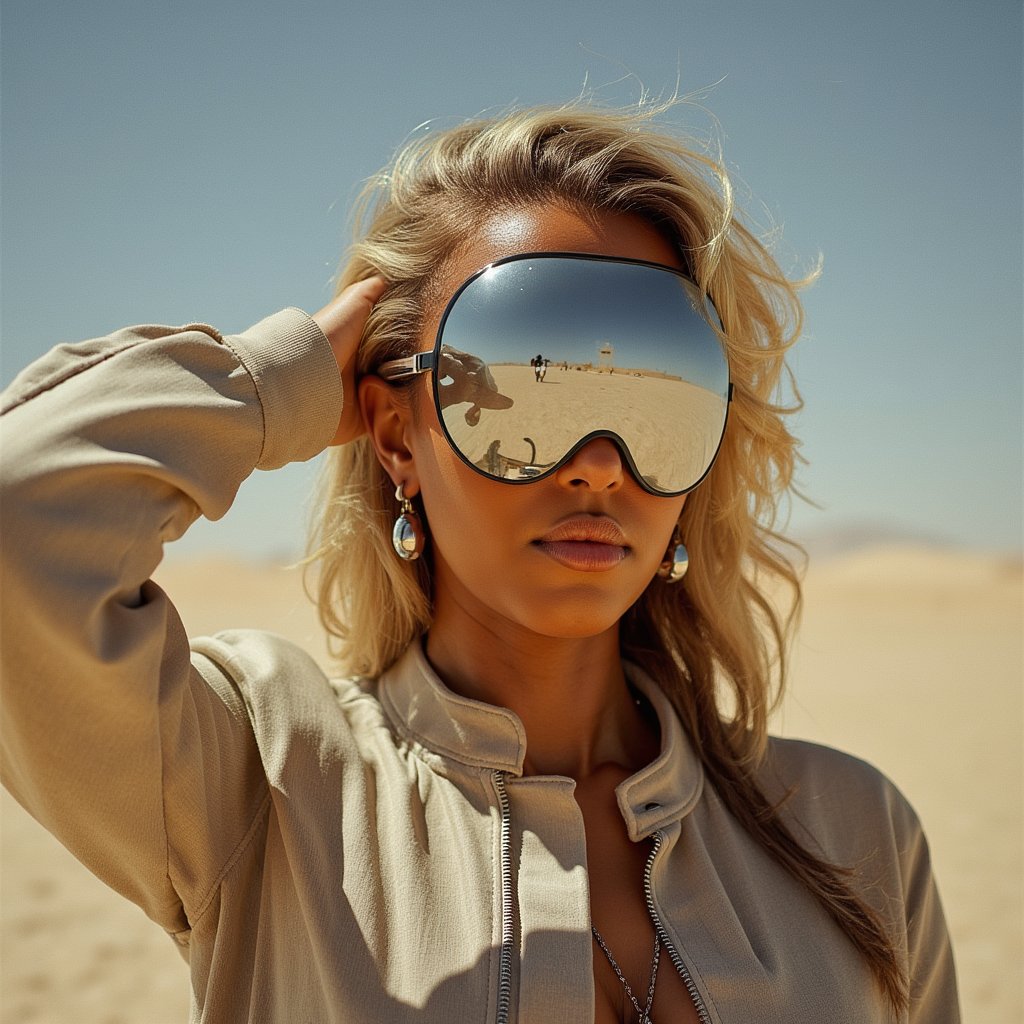 Editorial-style portrait of a futuristic desert wanderer, chrome mask pushed to the side, neutral expression, endless playa in the backdrop, high fashion Burning Man