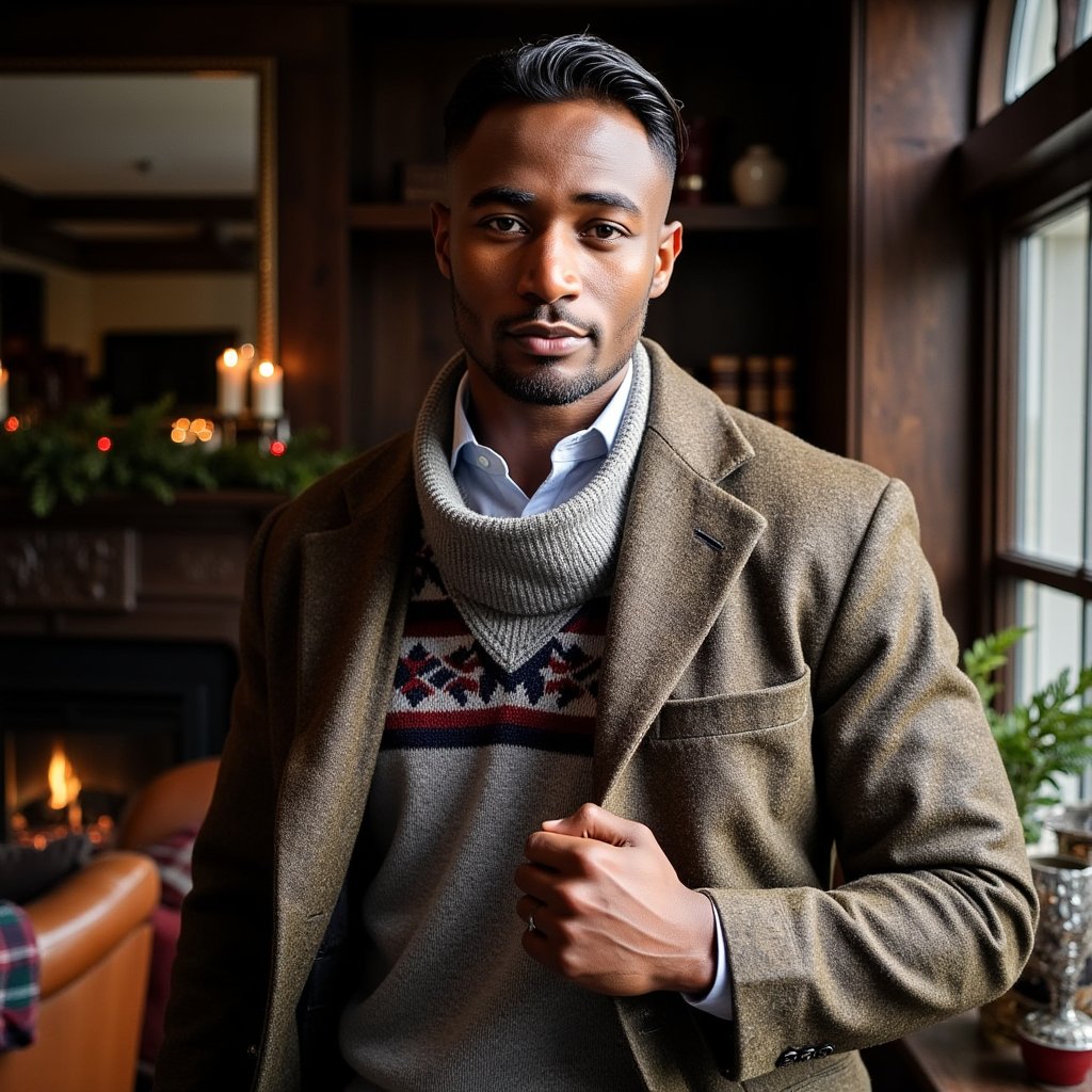 Man standing near a mullioned window, body angled 30° from camera, eyes to lens, calm expression. Hairstyle: side-part with light pomade, neatly trimmed beard. Attire: heritage Fair Isle wool sweater layered over an Oxford shirt; tweed sport coat draped over shoulders; wool scarf loosely looped. Fabric details: jacquard knit definition, tweed herringbone, oxford weave. Camera: slightly above eye-level, 50mm, f/2.2. Lighting: cool daylight key through window + warm bounce from room for mixed-temperature holiday glow. Background: blurred evergreen boughs, leather-bound books, subtle tartan throw on a chair; minimal objects, no clutter. Pose: one hand lightly touching scarf edge. Render: highly detailed, highly realistic, HDR; crisp knit pattern; lifelike eye catchlights.