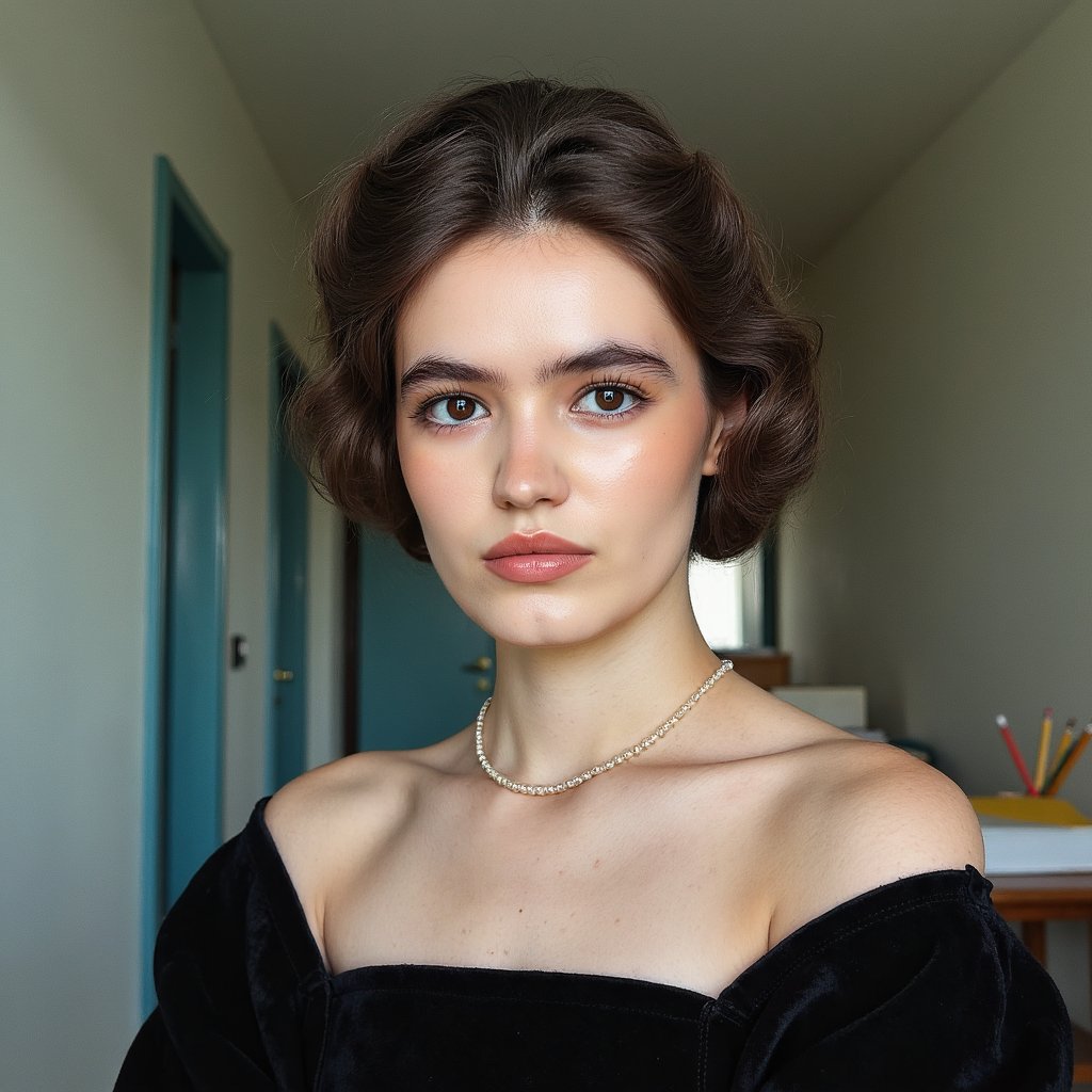 Hyperreal 1960s yearbook studio portrait of a high school senior girl, shot from the chest up with a 105mm lens. Her posture is upright, shoulders slightly angled away, chin tilted subtly downward. Hair styled in a voluminous bouffant with smooth curls tucked at the ends, a few soft flyaways near the temples. She wears a black velvet off-shoulder drape, with visible fine texture and faint light absorption in the fabric folds. A single pearl necklace rests at the collarbone, catching a faint reflection of the key light. Her skin is smooth but lifelike, with a faint natural sheen on the cheekbones and a soft pink blush. Freckles faintly visible under light studio makeup. Soft HDR lighting from the left with a fill bounce on the right, creating delicate shadow gradients under the jaw and nose. Background is seamless dark grey with a barely perceptible vignette, clean and softly blurred. Her eyes gaze directly into the lens, faint light catch creating depth.