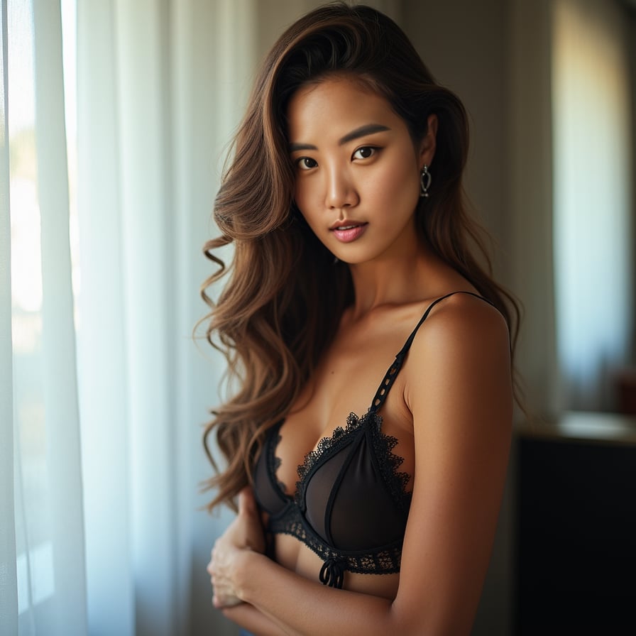 Generate a refined headshot of a woman designed for professional and personal branding. The lighting is soft, and the styling reflects sophistication and modernity. The pose should exude confidence and grace, ensuring the image is visually captivating and ready to elevate her profile