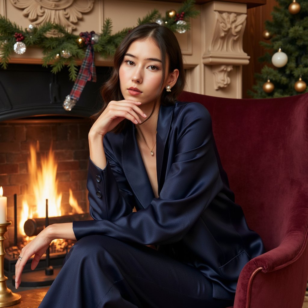 A poised woman seated in a deep burgundy velvet armchair near a glowing hearth; she’s angled slightly toward the camera with a calm, confident expression. Hairstyle: smooth side-part with soft vintage curls brushing one shoulder. Attire: navy satin blouse with billowing sleeves tucked into high-waisted wool trousers; fine gold pendant necklace. Fabric details: soft satin highlights on folds, visible wool twill, velvet upholstery grain. Camera: eye-level, 85mm, f/1.4 for luxurious shallow focus. Lighting: warm firelight key from one side + faint ambient fill for facial balance. Background: blurred stone fireplace, evergreen garland, flicker of candles on the mantle — minimal, cozy elegance. Pose: one elbow rested on chair arm, hand gently near chin, relaxed.
Render: highly detailed, highly realistic, HDR; rich depth, true skin texture, subtle reflections on satin fabric and jewelry.