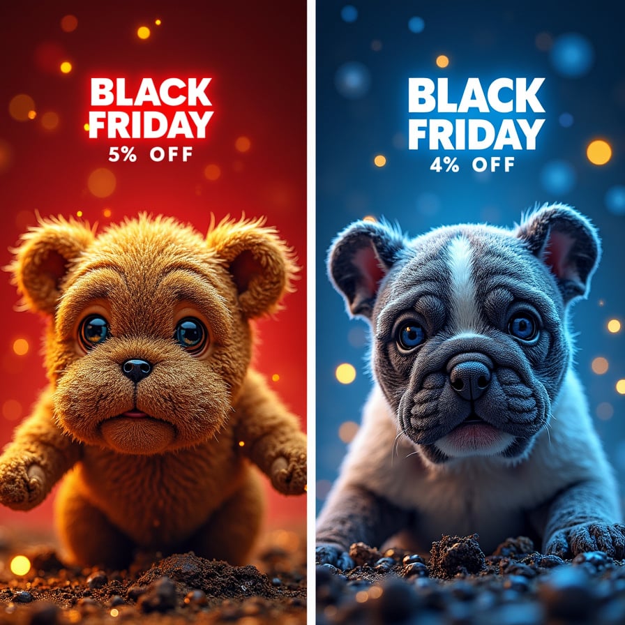 Two vibrant, contrasting digital ads side by side, one in bold, warm tones like red and gold, and the other in cool, sophisticated tones like blue and silver, both highlighting the same Black Friday deal.
