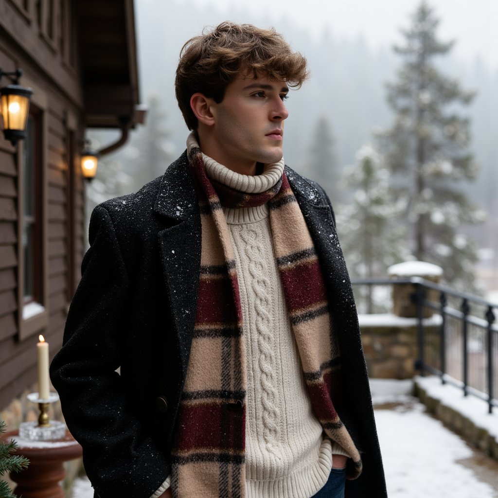 Man standing on a snow-dusted stone terrace overlooking pine forest; body slightly turned, eyes into distance. Hairstyle: swept-back hair, trimmed beard with snow specks. Attire: dark wool overcoat layered over a cream cable-knit sweater, plaid scarf loosely wrapped. Fabric details: visible wool fibers, scarf weave, frost crystals. Camera: medium telephoto, 70mm, f/2.8. Lighting: soft overcast daylight, gentle edge light from snow reflection. Background: blurred snow-covered pines and lodge windows glowing faintly; minimal foreground clutter. Pose: hands in coat pockets, posture upright. Render: highly detailed, highly realistic, HDR; visible breath mist, true skin tone under cool light.