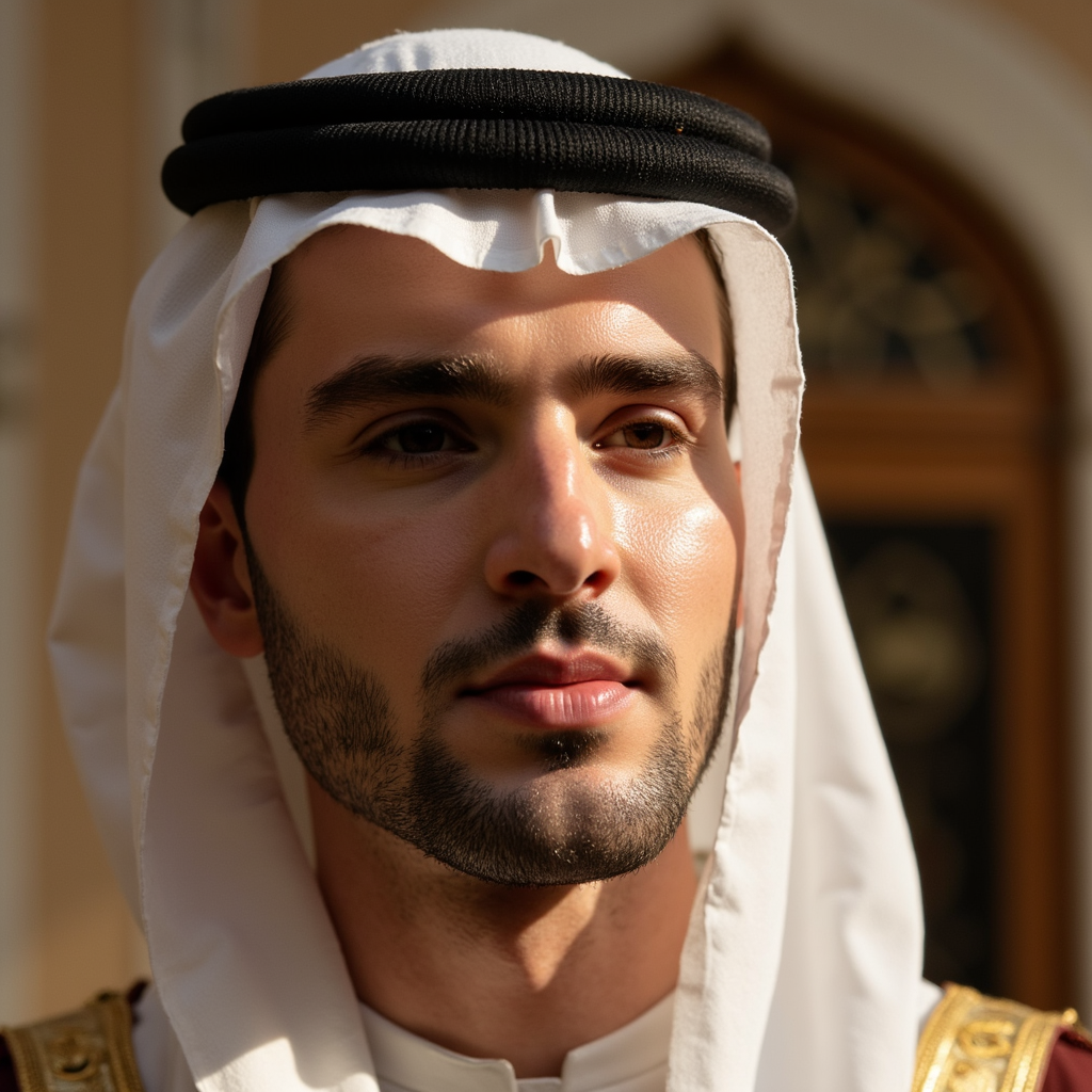 Portrait of a serene man in traditional thobe and kufi, soft warm lighting, gent