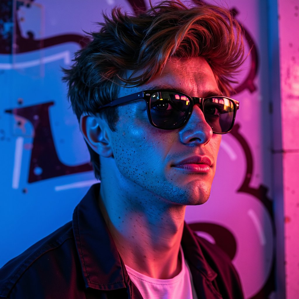 Tight headshot of a male model wearing reflective black sunglasses, slight facial stubble, and glossy skin. Standing against a neon graffiti wall softly blurred. Side-lit in blue and pink hues. Wet skin highlights visible, realistic stubble and facial pores captured sharply.