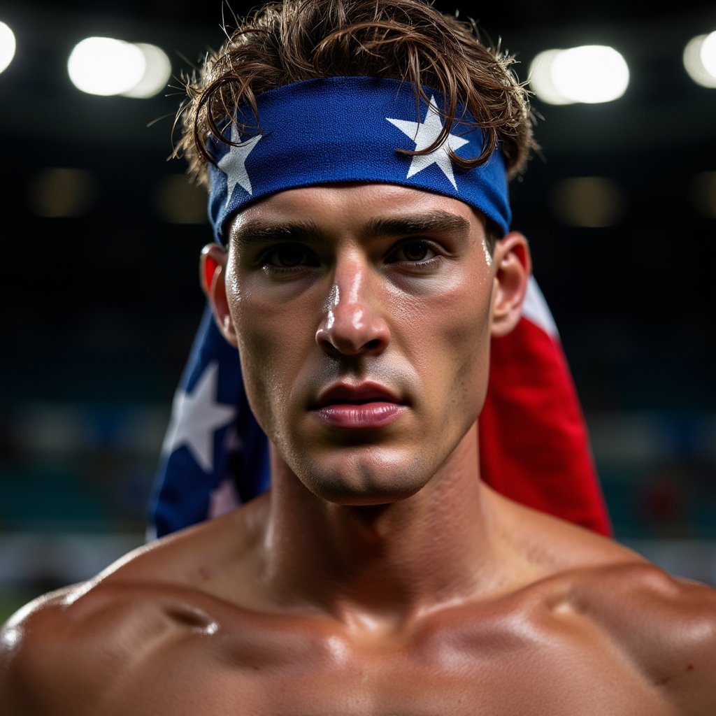 Close-up headshot of a determined athlete wearing a national flag bandana, sharp jawline and intense eyes, dark background with rim light outlining face