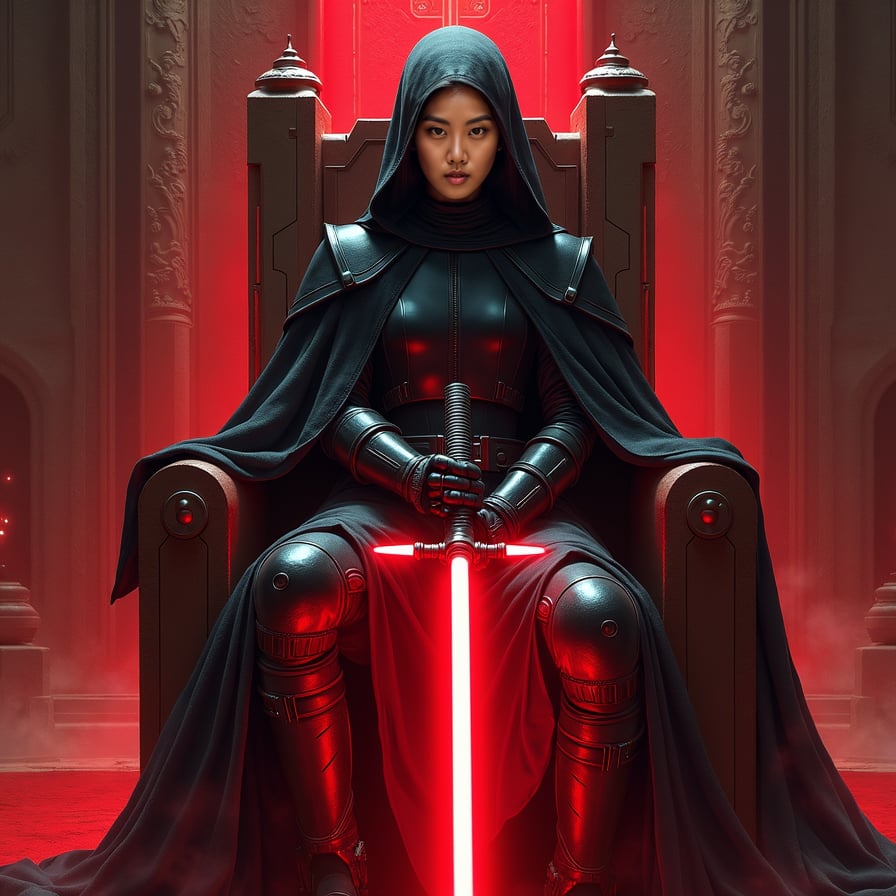 A powerful female Sith sits on a throne, facing the camera with a fierce and intense gaze. The shadows around her are illuminated by her red lightsaber, which she holds across her lap. Her dark armor and the ominous, red-lit chamber create an intimidating atmosphere.