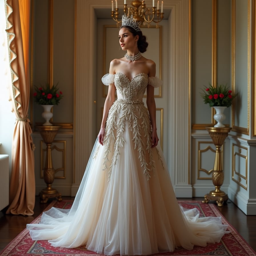 Royalty Inspired: The model is dressed in regal attire, such as a majestic gown or a sophisticated suit, with intricate accessories. She poses in a grand, historical setting, like a palace or a stately home, embodying the elegance and poise of royalty.