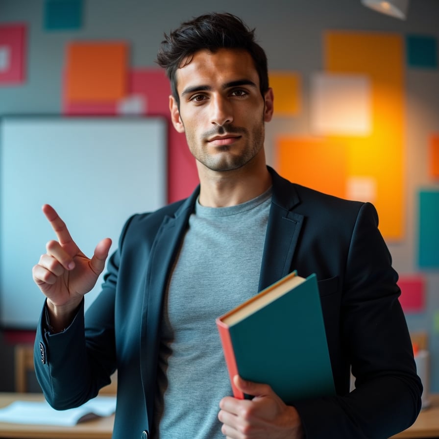 man with a focused and approachable look. He is dressed in a button-up shirt or sweater, pointing to text space or holding a book. The background is clean, with subtle patterns or icons that reflect an educational theme