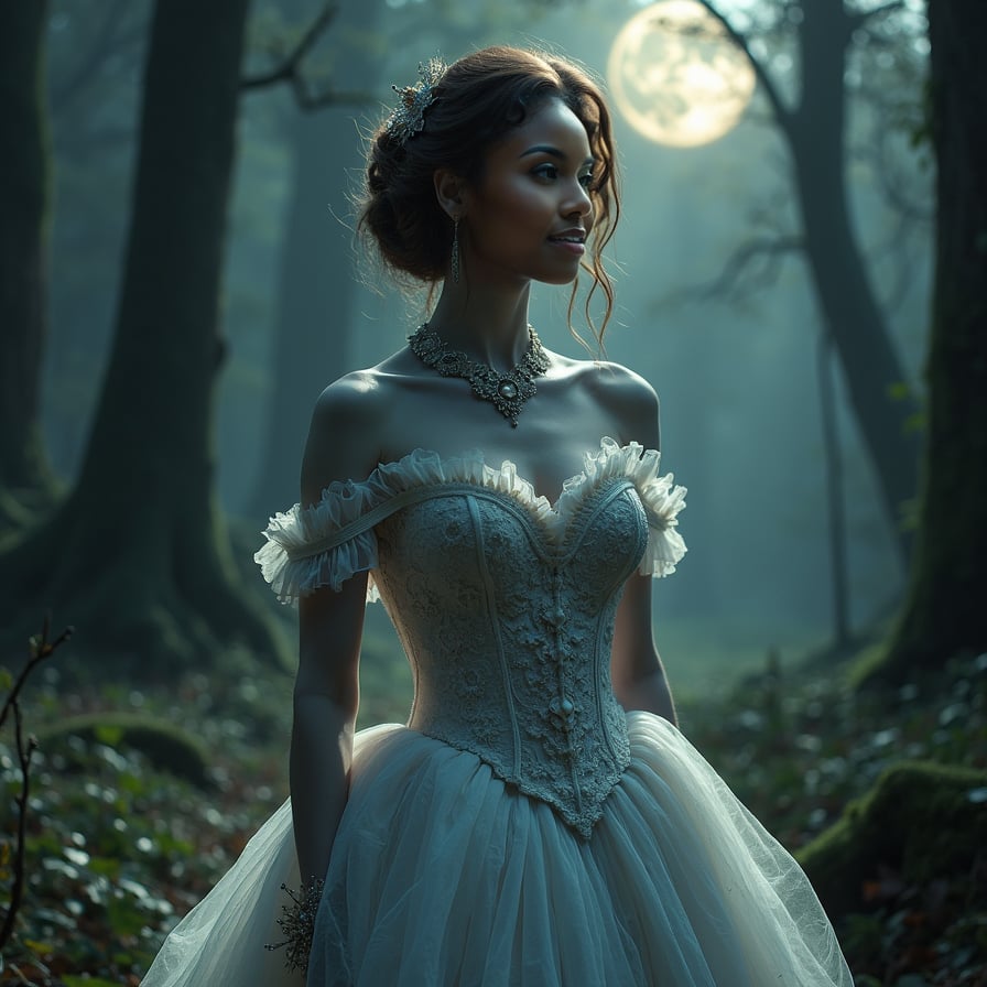 woman in luxurious Victorian-era inspired gown with intricate lace details, porcelain skin, dark eyeliner, posing in dimly lit, mysterious forest setting with subtle mist, under soft glow of full moon, romantic, eerie, mysterious, regal, refined.