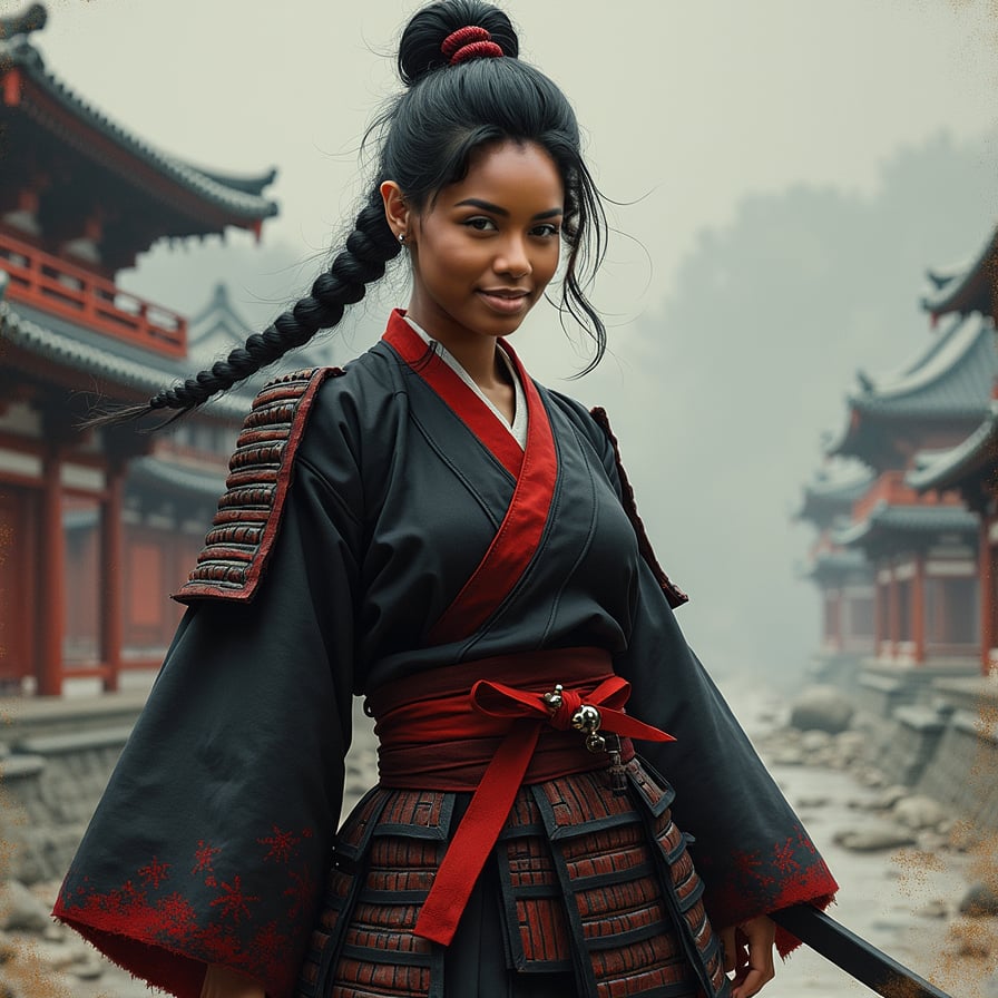 woman in traditional samurai attire, consisting of a hakama and kimono, with a bold, determined expression, sans helmet, posed in a powerful stance, surrounded by a misty, atmospheric background with subtle hints of Japanese architecture.