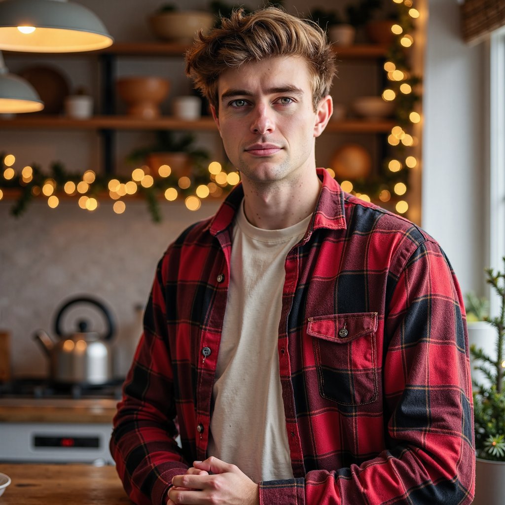 Waist-up portrait of a man standing in a holiday-lit kitchen, leaning lightly against the counter, hands loosely clasped in front, no motion. He wears a deep-red flannel shirt layered over a cream thermal tee; flannel pattern threads visible in crisp detail. Hair: slightly messy textured quiff; clean-shaven. Lighting: warm overhead pendant lights with soft falloff on one side, plus a subtle orange glow from a stovetop kettle off-frame. Background: blurred Christmas cookie tin, pine sprigs, soft-string lights—minimal clutter, shallow DOF. Camera: 50mm f/2 at slight lower-than-eye angle for a homey vibe; highly detailed, highly realistic, HDR with clear textile structure and natural skin texture.