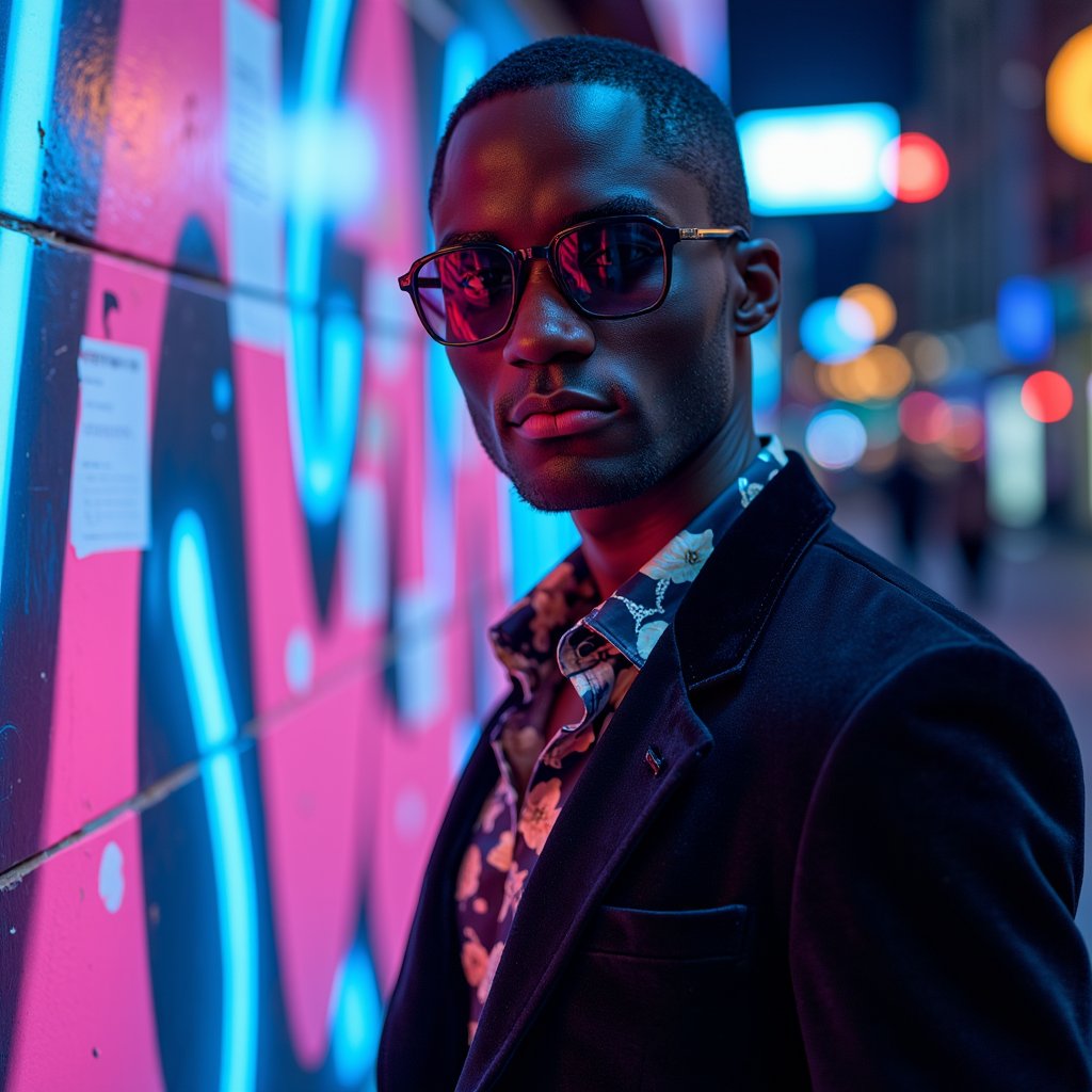 Tight headshot of a male model wearing reflective black sunglasses, slight facial stubble, and glossy skin. Standing against a neon graffiti wall softly blurred. Side-lit in blue and pink hues. Wet skin highlights visible, realistic stubble and facial pores captured sharply.