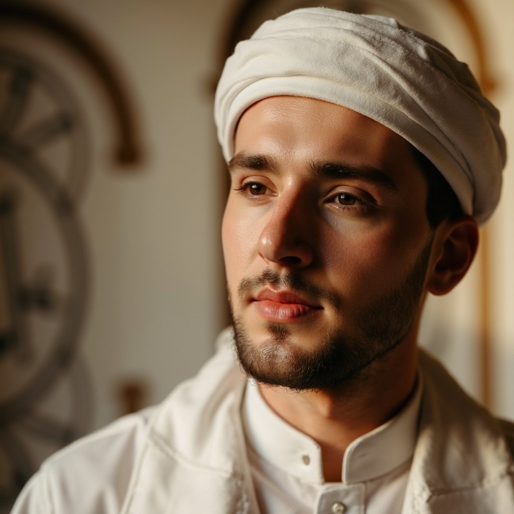 Portrait of a serene man in traditional thobe and kufi, soft warm lighting, gentle smile, peaceful expression — celebrating Mawlid with dignity