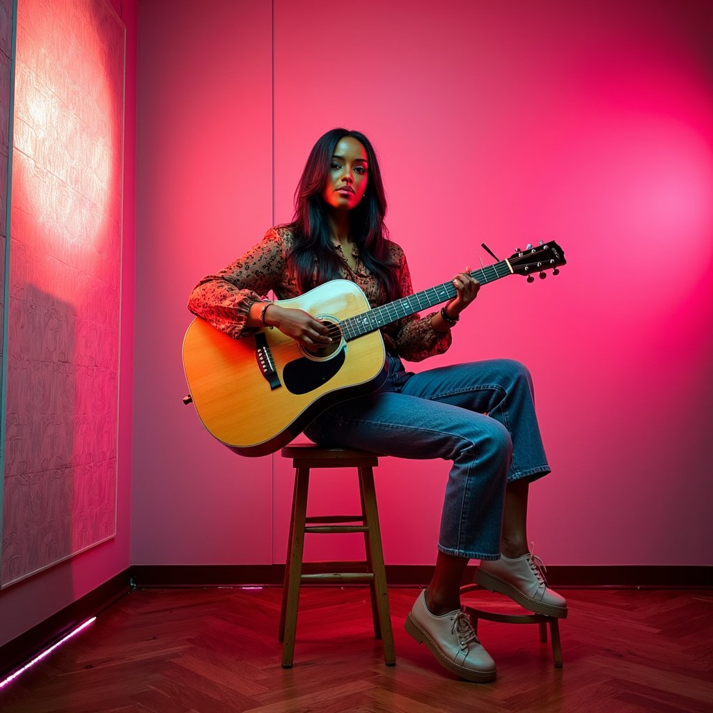 Knee-up portrait of a musician sitting on a wooden stool holding an acoustic guitar, warm ambient lighting, candid moment like a backstage session