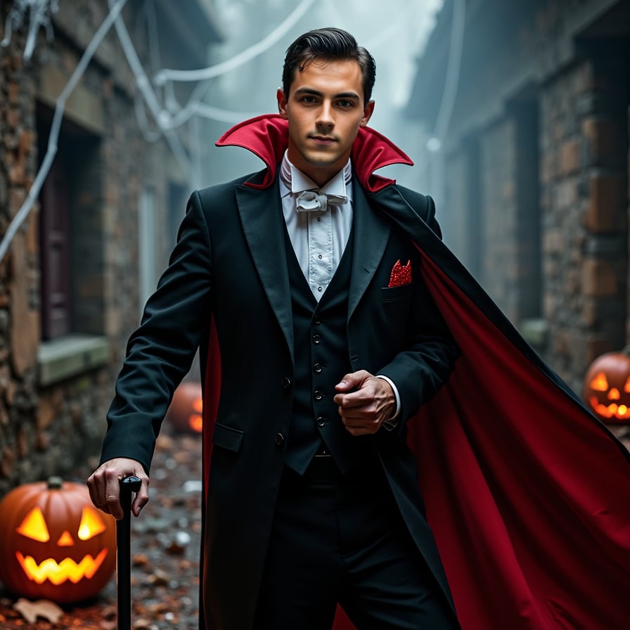 Dracula-inspired man, eerie backdrop, black suit, red cape.