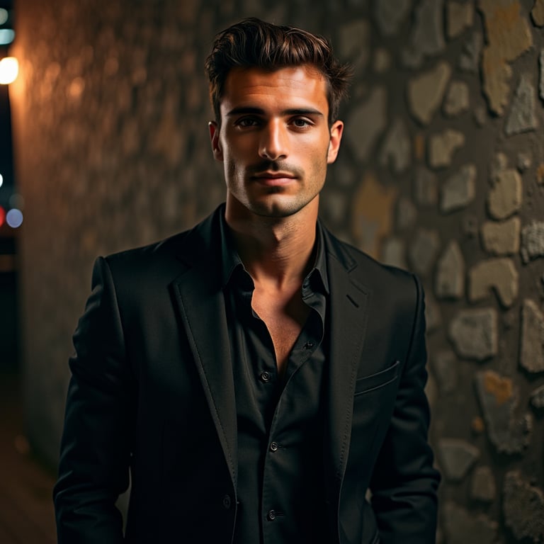 man with a confident, subtle smile. He is styled in dark, sleek clothing, with d