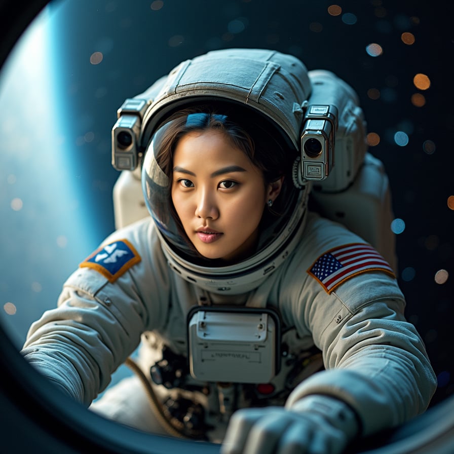 A woman astronaut floats in zero gravity, facing the camera with an intense gaze. Stars and galaxies fill the backdrop, giving a sense of depth and vastness. Her suit has illuminated details, and the visor is slightly lifted to reveal her face. There’s a look of wonder and strength as she hovers against the backdrop of the universe