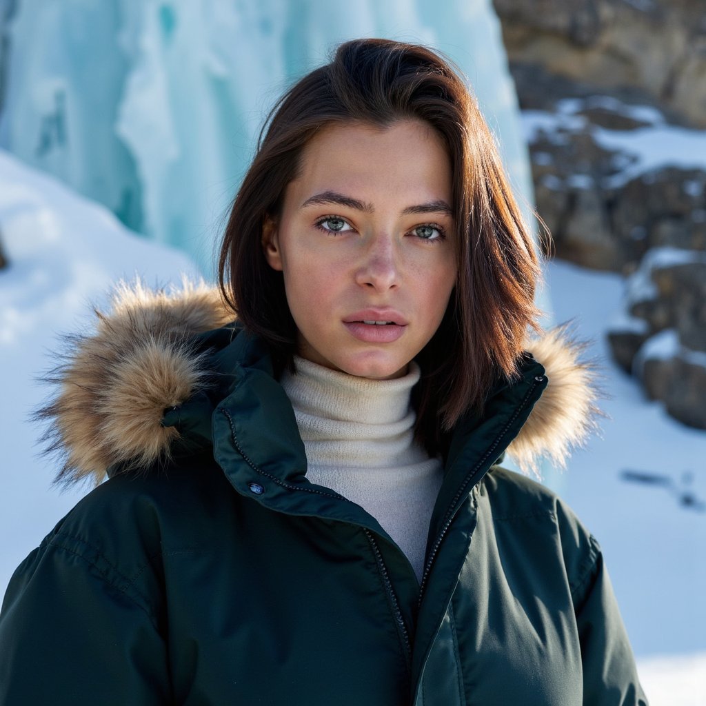 A highly realistic, ultra-detailed HDR waist-up winter portrait of a woman standing near the base of a tall snowy cliff. Camera angle: slightly low, 35mm lens.
She wears a dark forest-green parka with a faux-fur hood, the fur holding clusters of detailed snow crystals. Underneath, a cream wool sweater with ribbed texture peeks out.
Her dark brown hair is partially tucked into the hood but loose enough to show individual strands moving slightly with wind.
Lighting: dramatic cold backlight from the snow-covered cliff face, creating a glowing rim-light around her hair and coat, combined with softer front fill-light from reflected snow.
Facial details: visible pores, cold-weather blush, slightly parted lips showing soft condensation in breath.
Background: towering icy cliff fading into soft blur, snow blowing diagonally through frame for dynamic atmosphere.