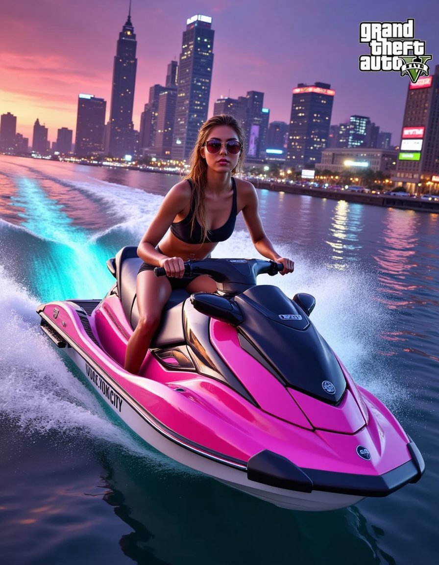 A vibrant cityscape at dusk, bathed in a kaleidoscope of neon lights that reflect off wet pavement, with towering skyscrapers and bustling streets lined with people, cars, and billboards in the background; the neon hues of pink, blue, green, and yellow cast a colorful glow on the darkening urban landscape. The scene is framed by a slight low-angle shot, capturing the grandeur of the city’s architecture and the energy of its nightlife, with a shallow depth of field to emphasize the neon lights’ sharpness.