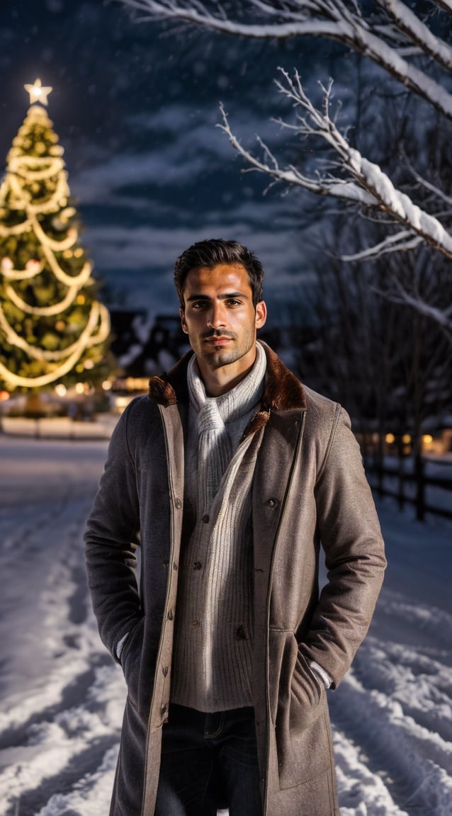 Man in a thick, winter coat, warmly lit by festive lights, Christmas tree in the background, moonlit snow, dark black sky, magical winter wonderland atmosphere