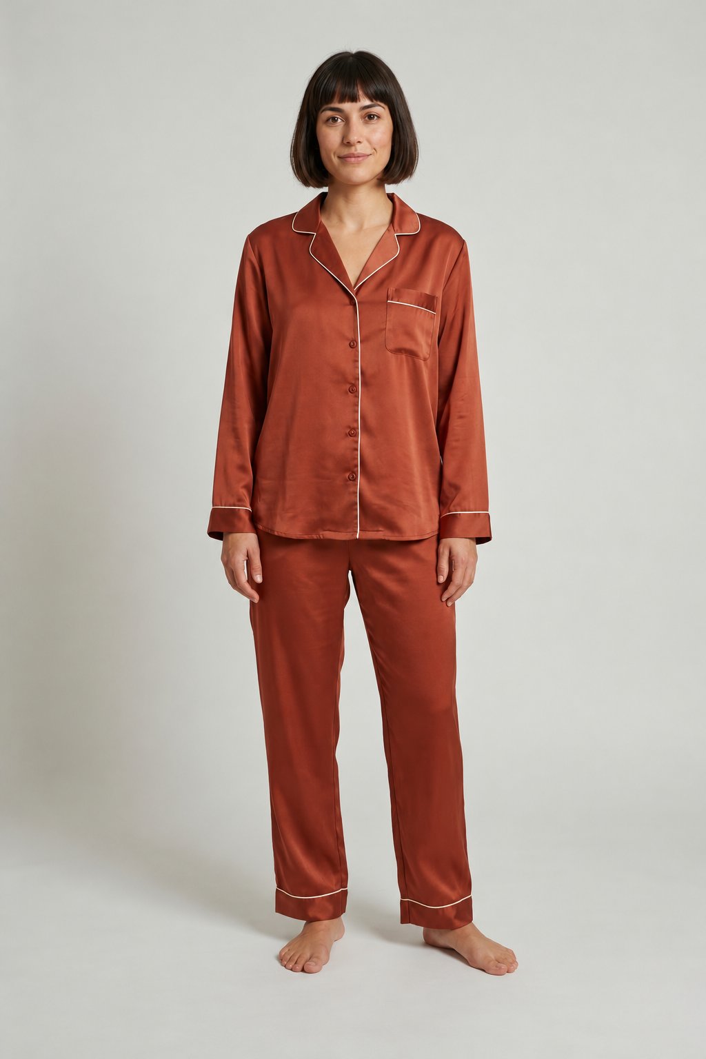 Full-body photograph of a woman in rust satin
pyjamas